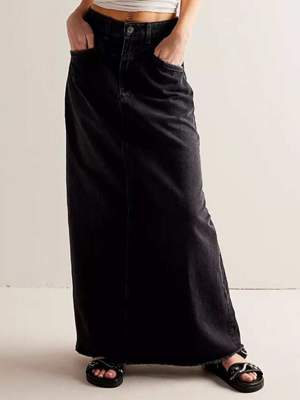 Free People Come As You Are Denim Maxi Skirt - Black - EUC